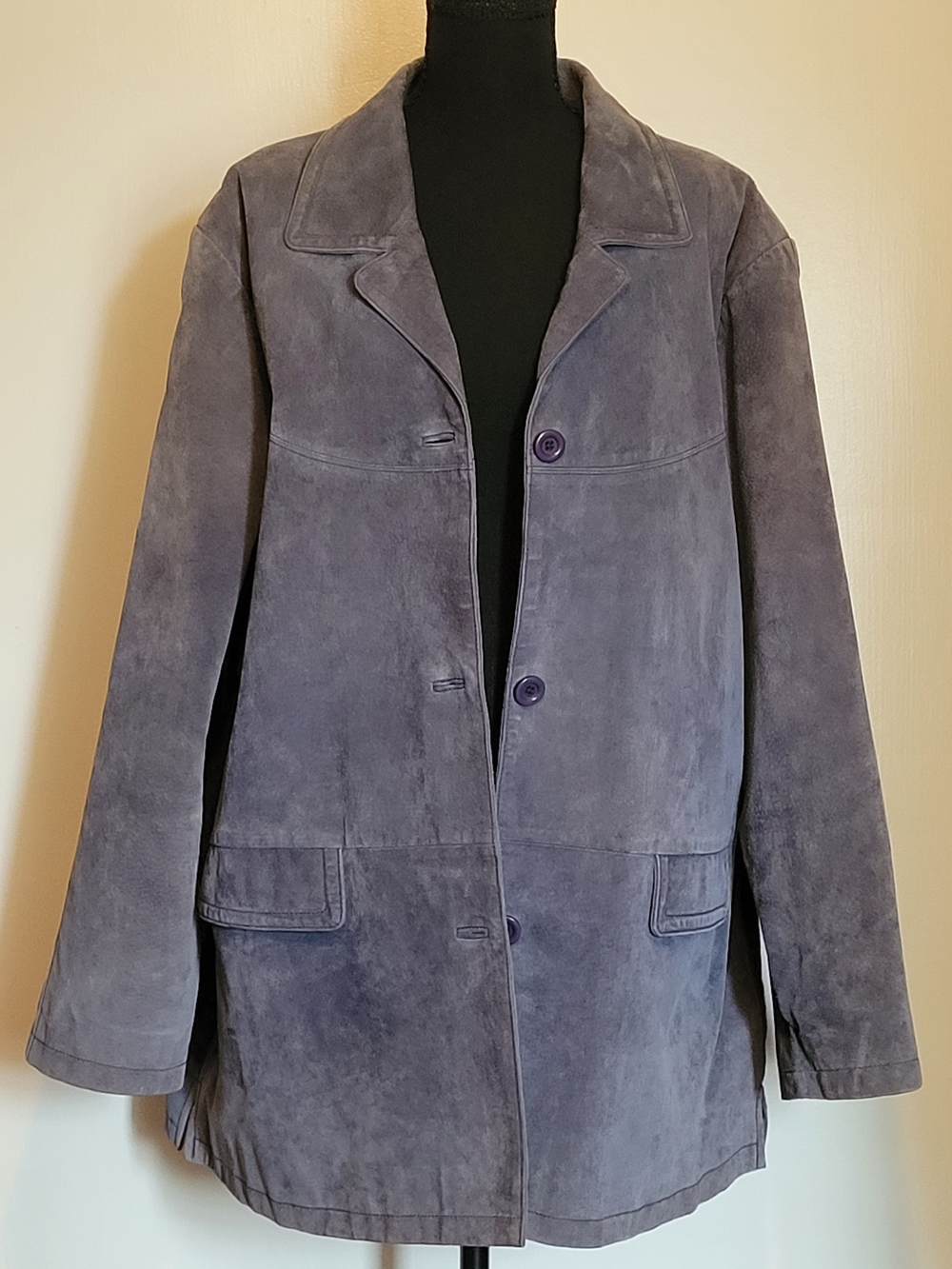 Women's 2X Dusty Blue Gray Suede Leather Button-Front Blazer Coat EUC